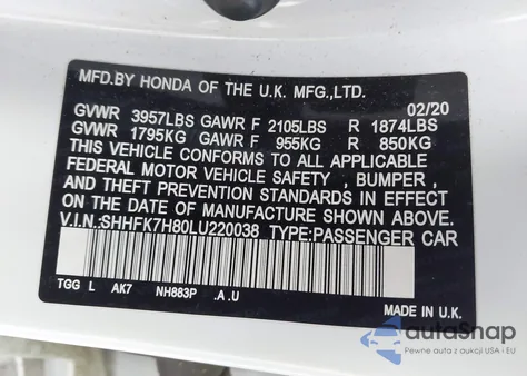 2020 Honda Civic Ex-L z USA, uszkodzony, nr VIN SHHFK7H80LU220038